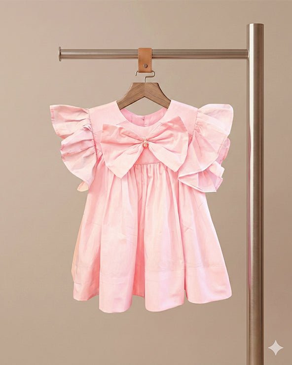 Baby pink paper poplin butterfly sleeve top with pearl bow   byb premium