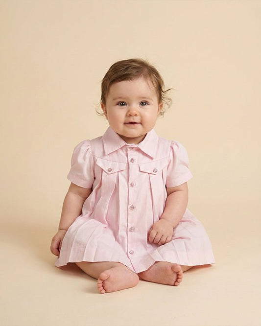 Baby Pink Paper Poplin Dress for Infants | Soft Pleated Shirt-Style Dress - BYB PREMIUM