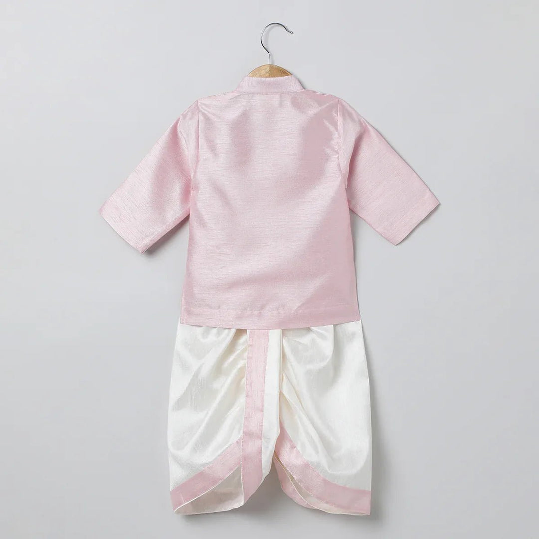 Baby Pink Raw Silk Kurta Dhoti Set for Boys with Pearl Embroidery - BYB PREMIUM