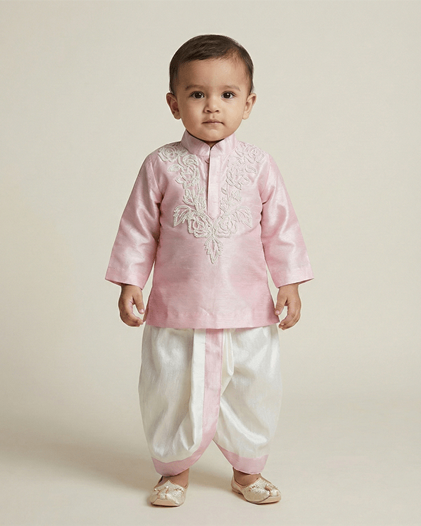 Baby pink raw silk kurta dhoti set for boys with pearl embroidery   byb premium