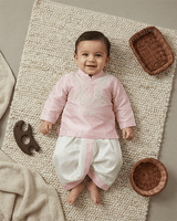 Baby Pink Raw Silk Kurta Dhoti Set for Boys with Pearl Embroidery - BYB PREMIUM