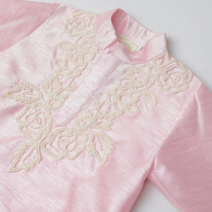 Baby Pink Raw Silk Kurta - Dhoti Set for Boys with Pearl Embroidery - BYB PREMIUM