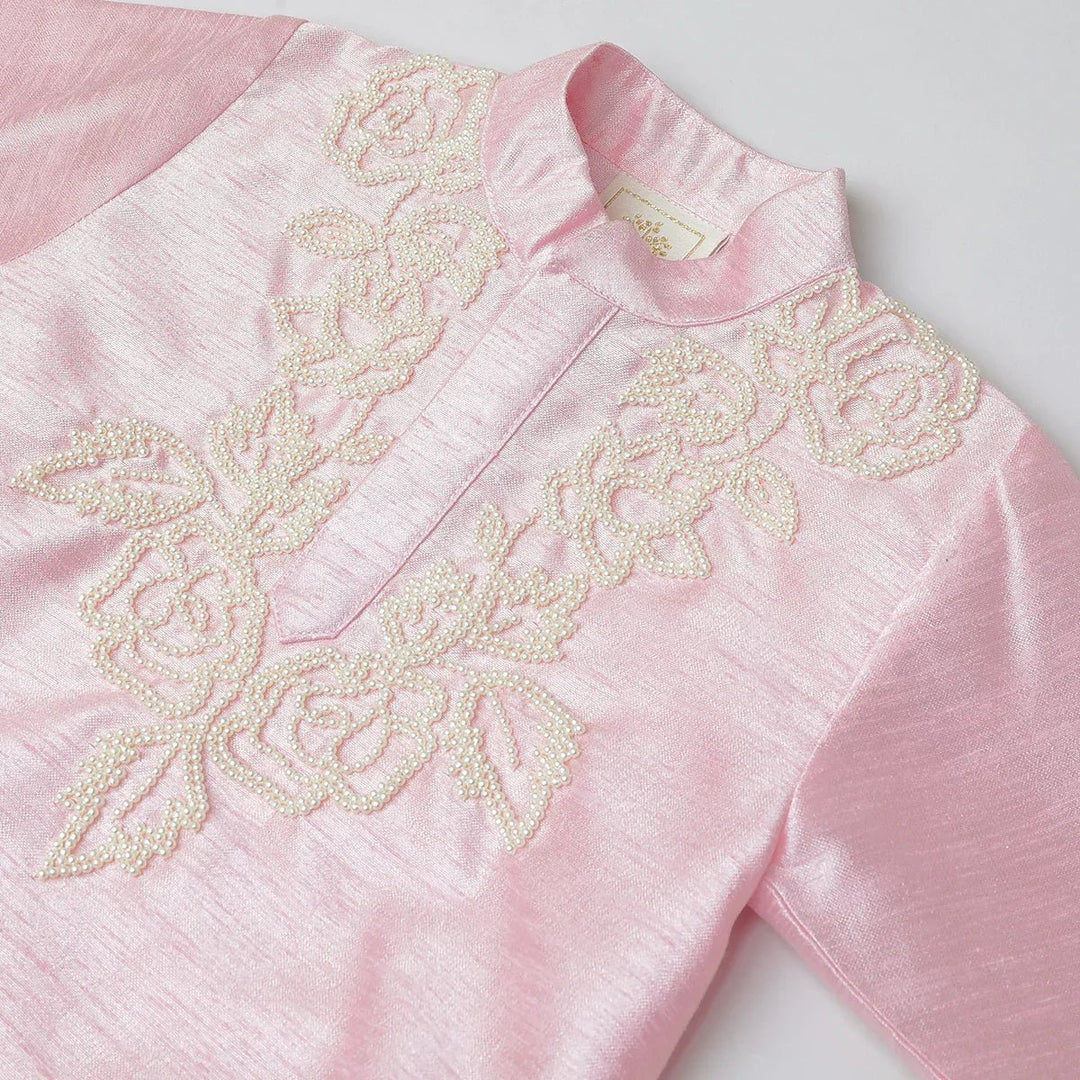 Baby Pink Raw Silk Kurta Dhoti Set for Boys with Pearl Embroidery - BYB PREMIUM