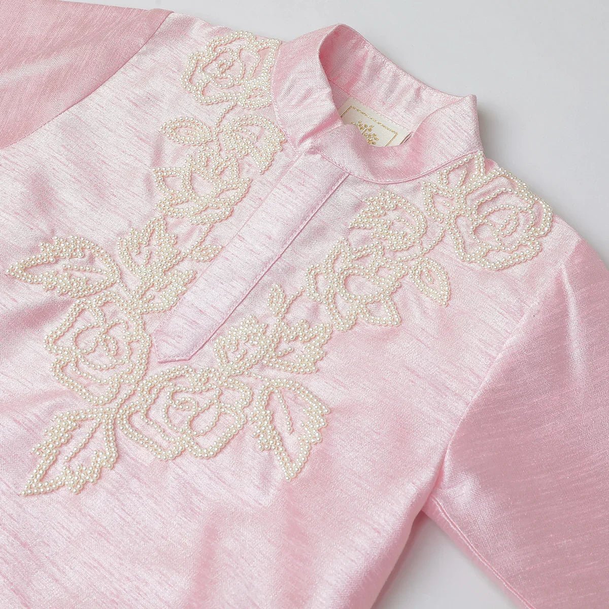 Baby pink raw silk kurta dhoti set for boys with pearl embroidery   byb premium