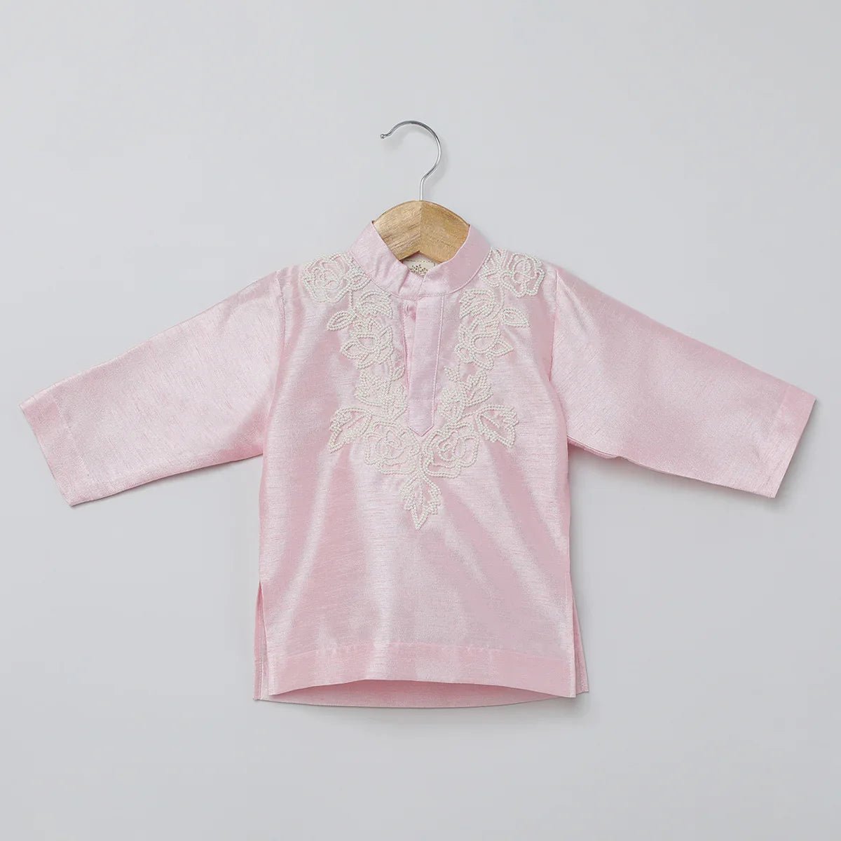 Baby pink raw silk kurta dhoti set for boys with pearl embroidery   byb premium