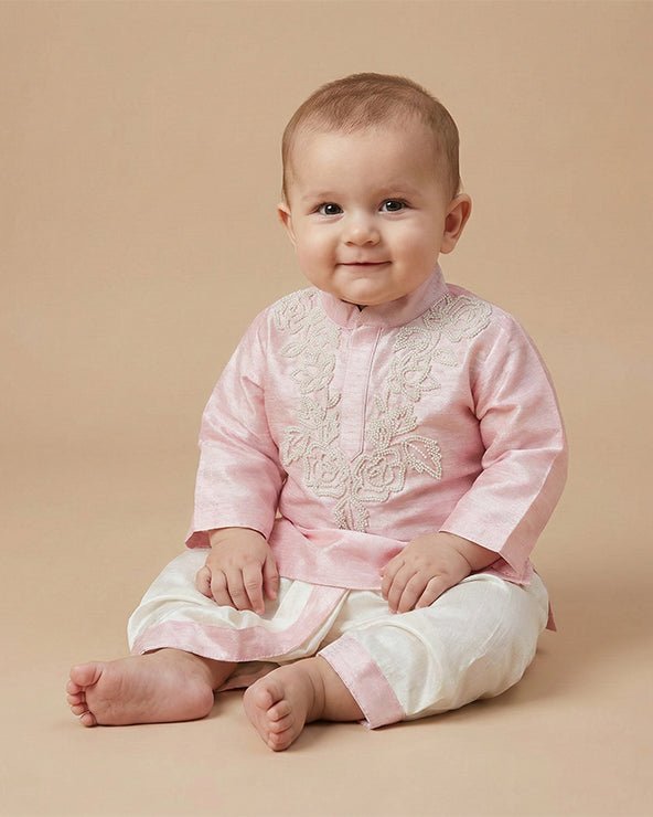 Baby pink raw silk kurta dhoti set for boys with pearl embroidery   byb premium