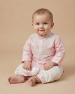 Load image into Gallery viewer, Baby Pink Raw Silk Kurta Dhoti Set for Boys with Pearl Embroidery - BYB PREMIUM
