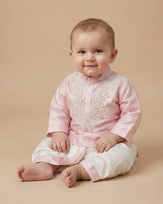 Baby Pink Raw Silk Kurta Dhoti Set for Boys with Pearl Embroidery - BYB PREMIUM