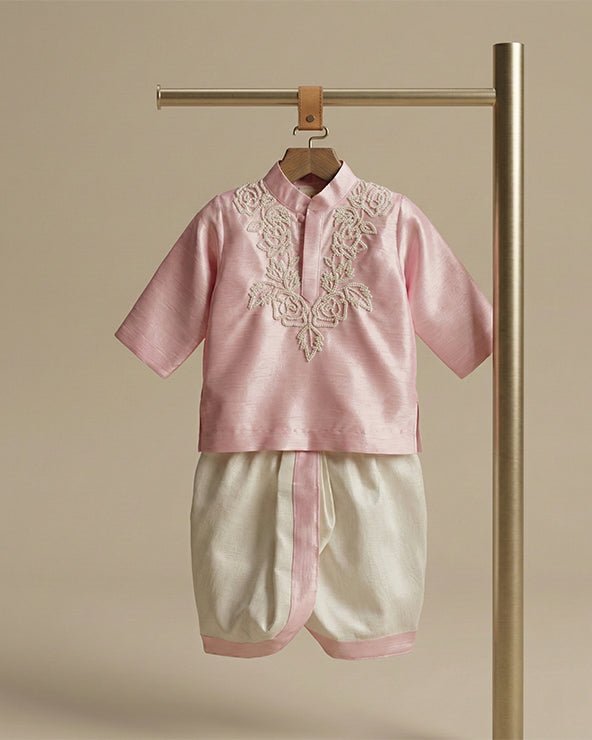 Baby pink raw silk kurta dhoti set for boys with pearl embroidery   byb premium