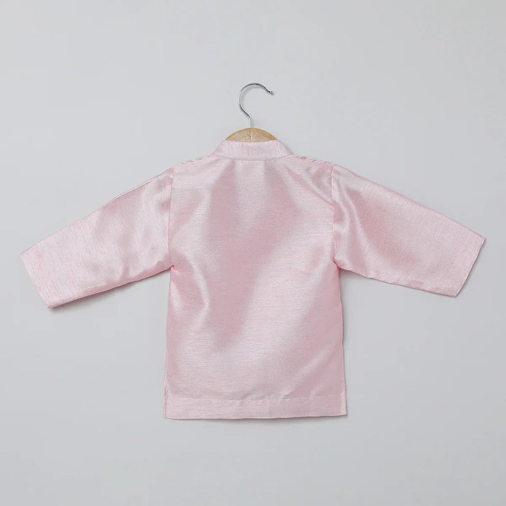 Baby Pink Raw Silk Kurta Dhoti Set for Boys with Pearl Embroidery - BYB PREMIUM