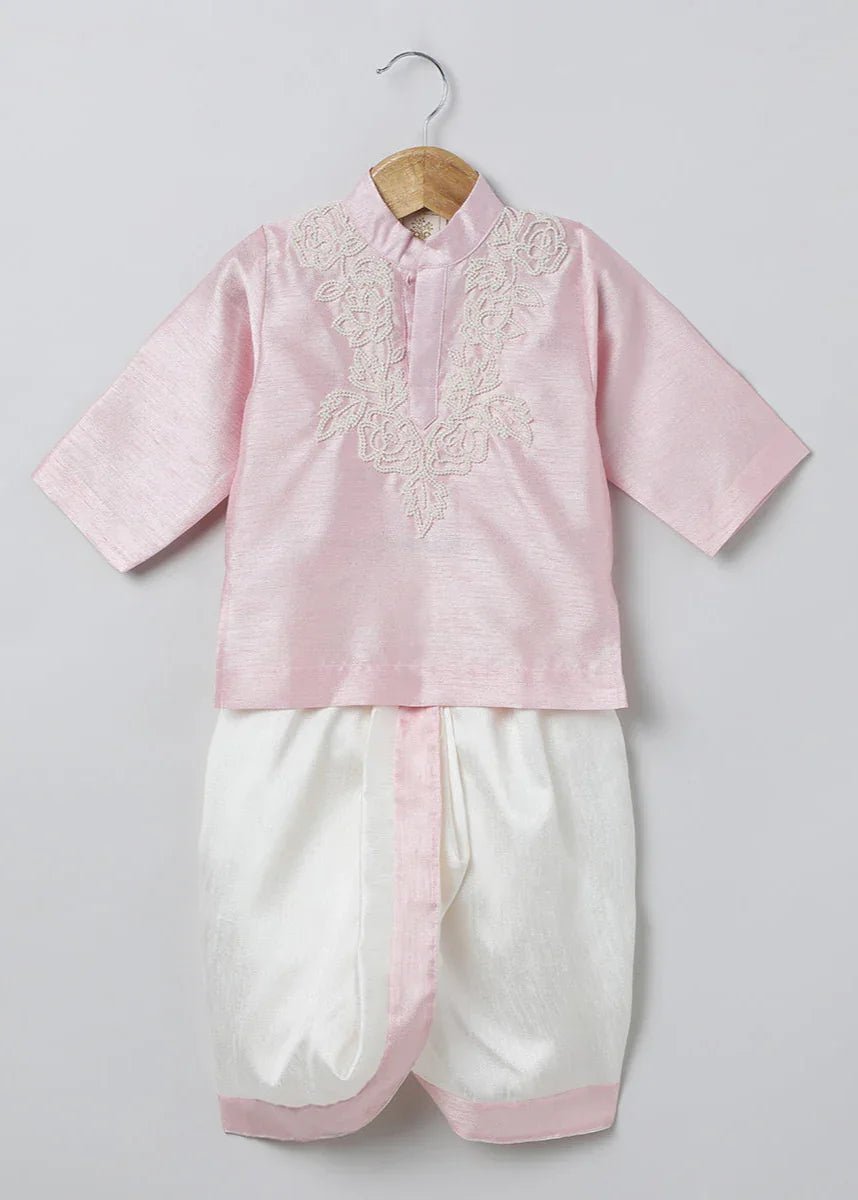 Baby pink raw silk kurta dhoti set for boys with pearl embroidery   byb premium
