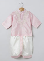 Load image into Gallery viewer, Baby Pink Raw Silk Kurta Dhoti Set for Boys with Pearl Embroidery - BYB PREMIUM
