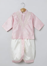 Baby Pink Raw Silk Kurta Dhoti Set for Boys with Pearl Embroidery - BYB PREMIUM