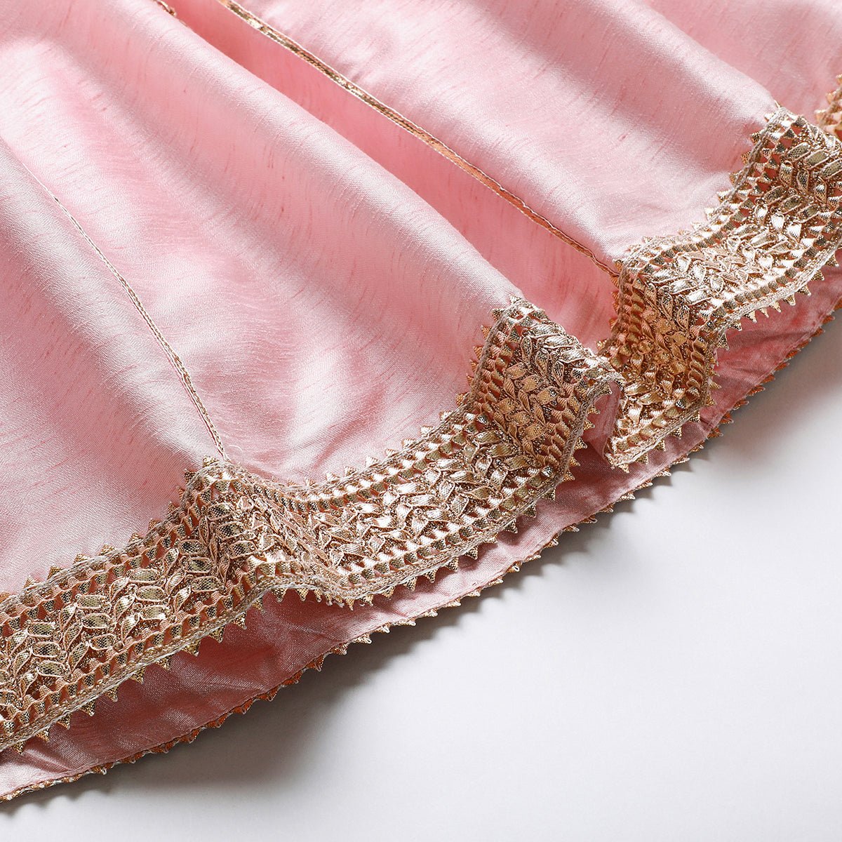 Baby pink raw silk top & skirt set for girls with golden embroidery   byb premium