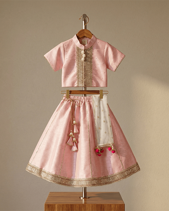 Baby Pink Raw Silk Top & Skirt Set for Girls with Golden Embroidery - BYB PREMIUM