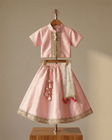 Baby Pink Raw Silk Top & Skirt Set for Girls with Golden Embroidery - BYB PREMIUM