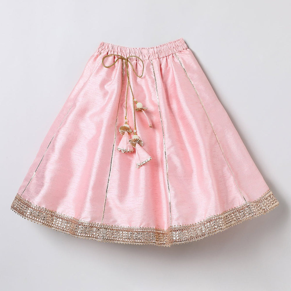 Baby Pink Raw Silk Top & Skirt Set for Girls with Golden Embroidery - BYB PREMIUM