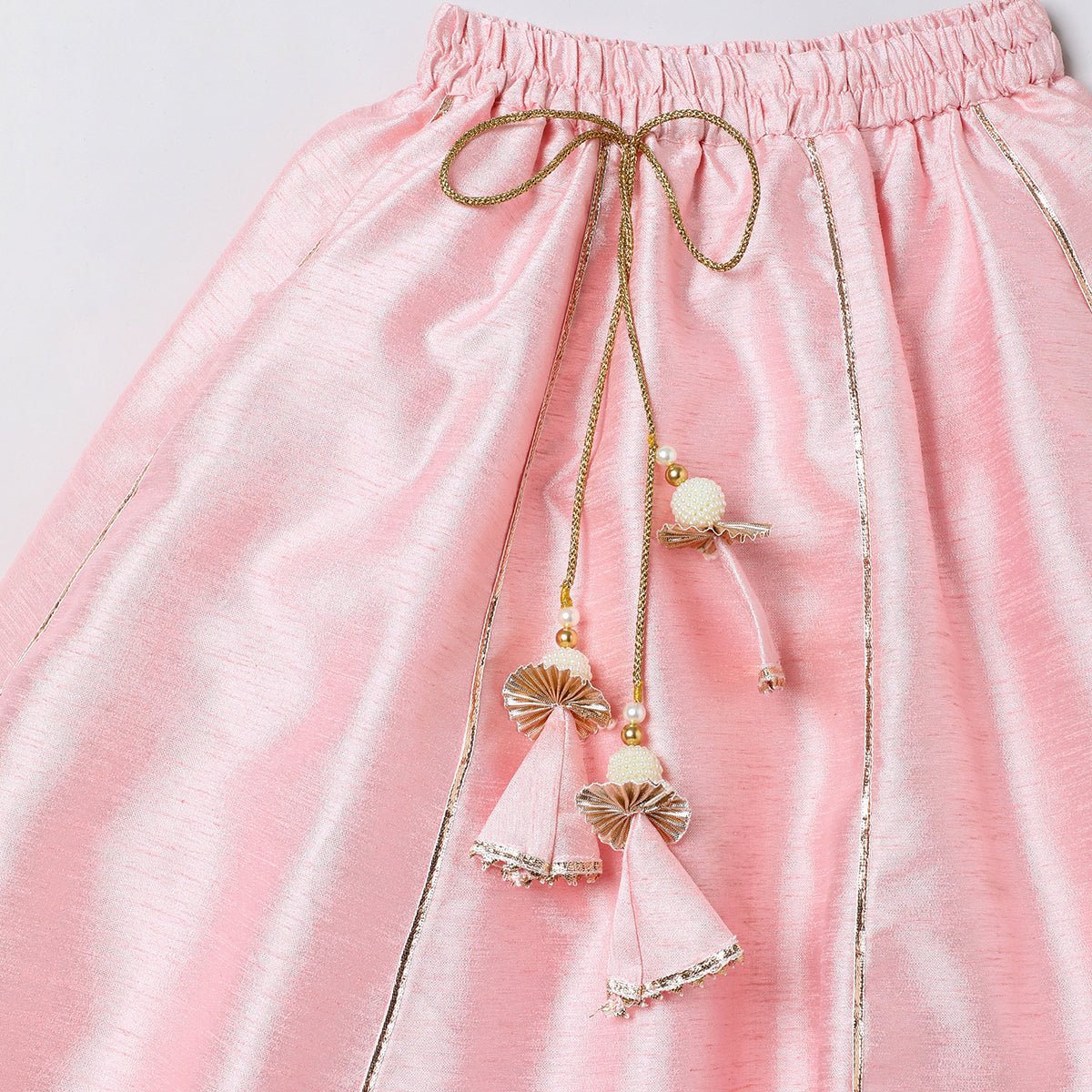 Baby pink raw silk top & skirt set for girls with golden embroidery   byb premium