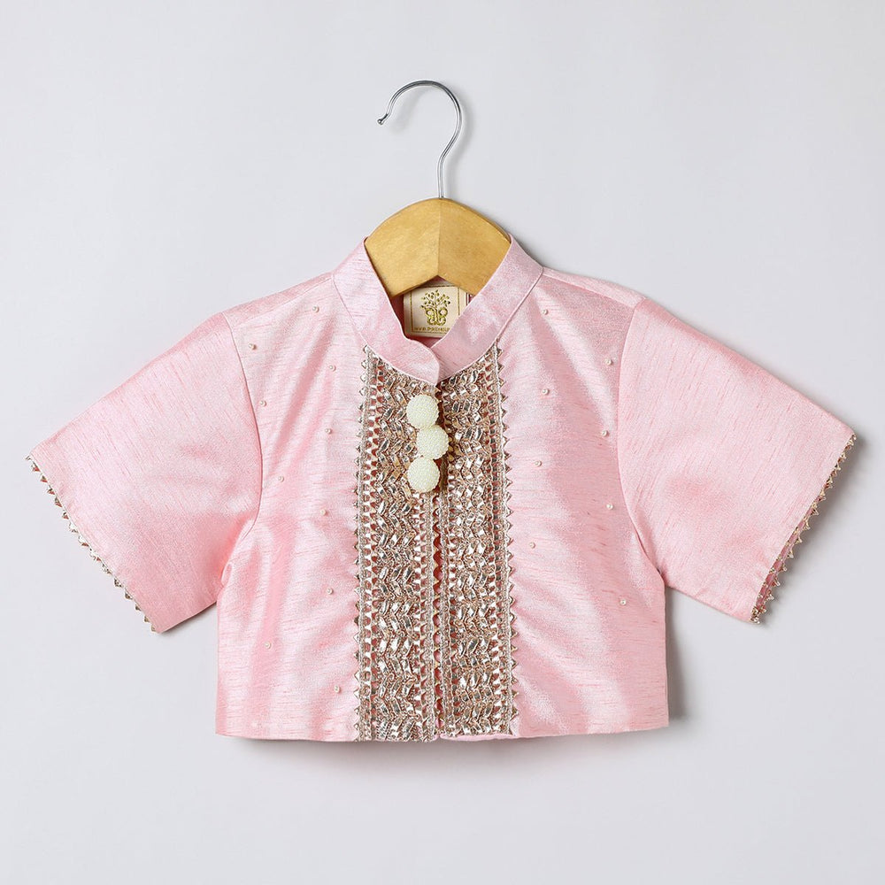 Baby Pink Raw Silk Top & Skirt Set for Girls with Golden Embroidery - BYB PREMIUM