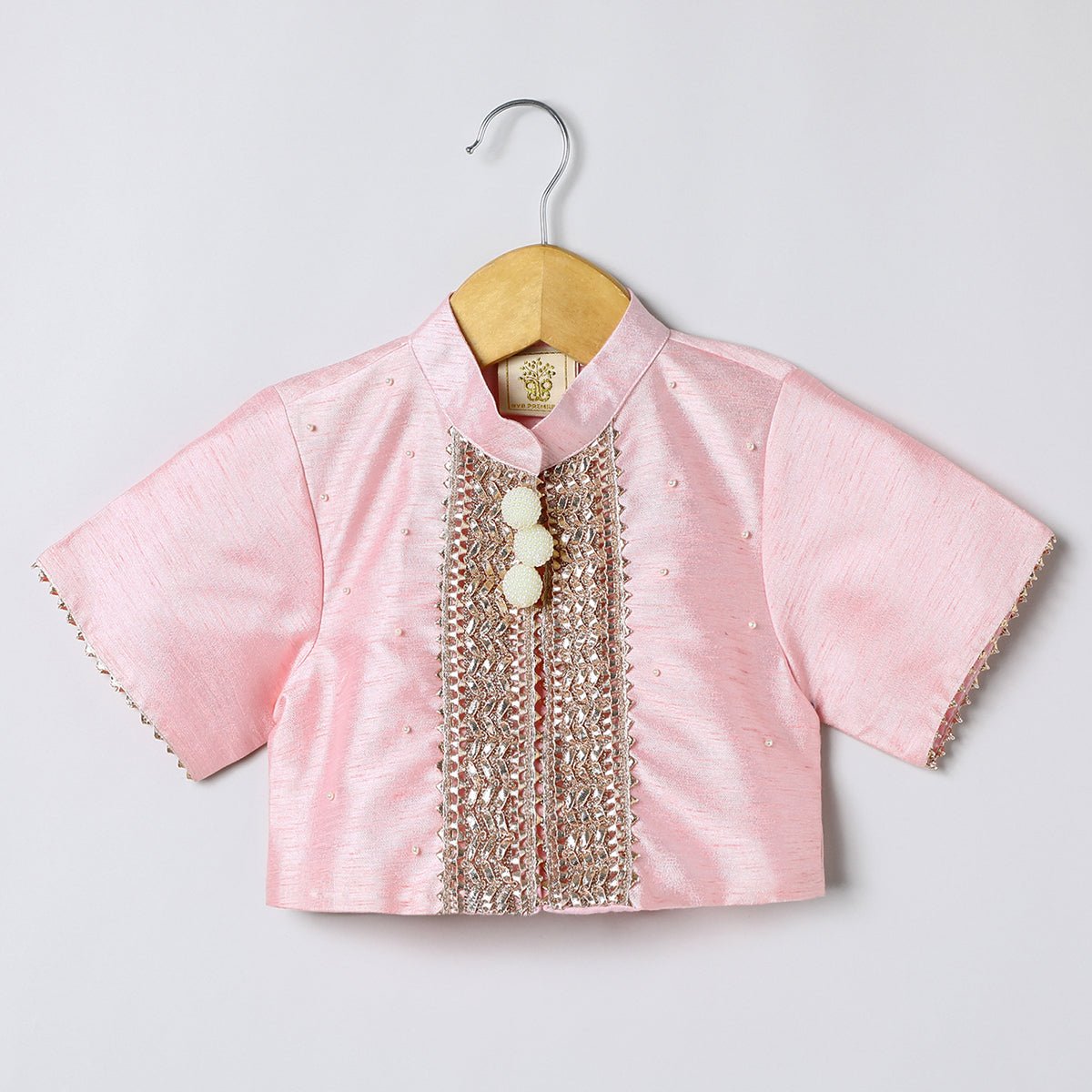 Baby pink raw silk top & skirt set for girls with golden embroidery   byb premium