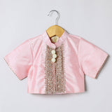 Baby Pink Raw Silk Top & Skirt Set for Girls with Golden Embroidery - BYB PREMIUM