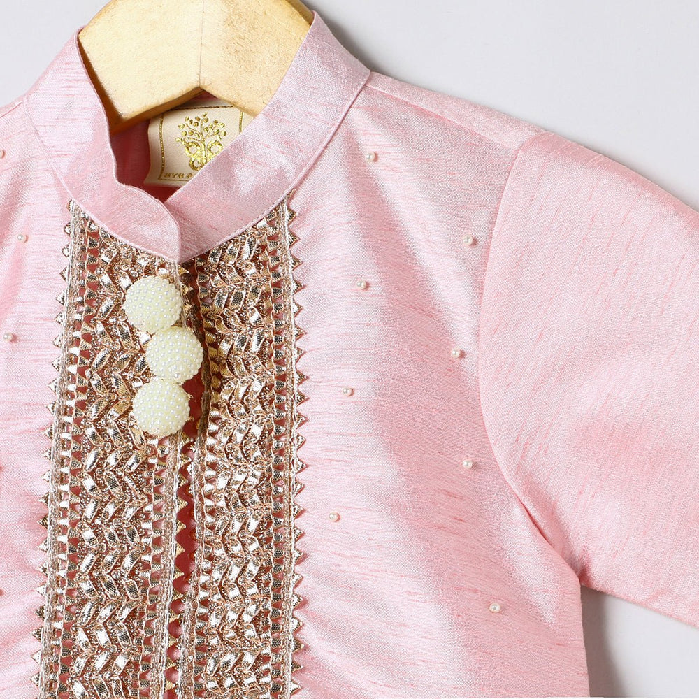 Baby Pink Raw Silk Top & Skirt Set for Girls with Golden Embroidery - BYB PREMIUM