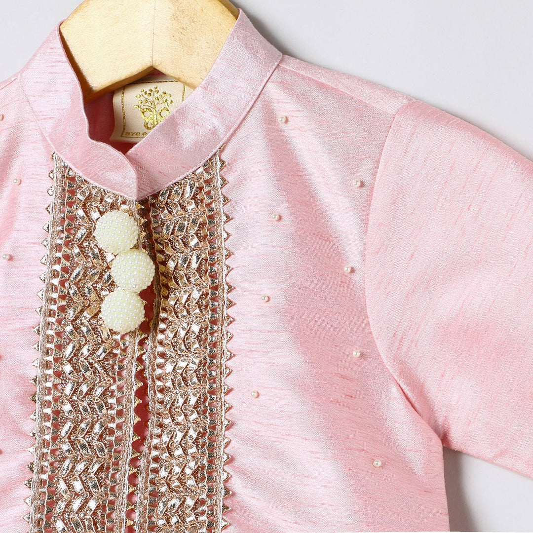 Baby Pink Raw Silk Top & Skirt Set for Girls with Golden Embroidery - BYB PREMIUM