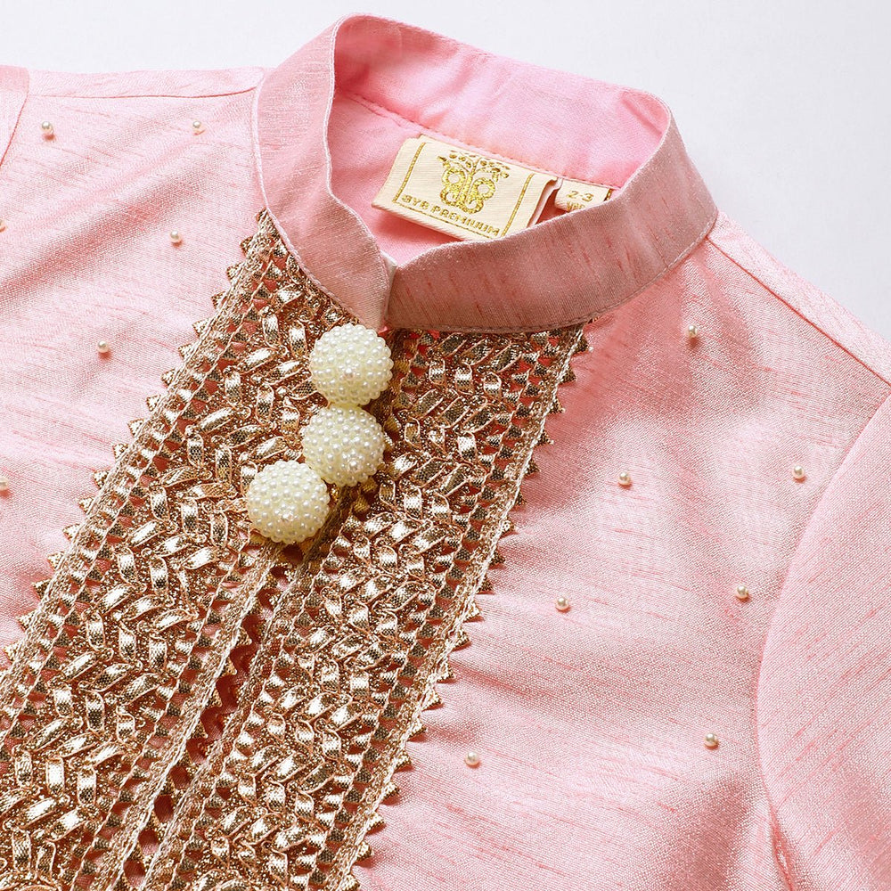 Baby Pink Raw Silk Top & Skirt Set for Girls with Golden Embroidery - BYB PREMIUM