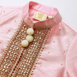 Baby Pink Raw Silk Top & Skirt Set for Girls with Golden Embroidery - BYB PREMIUM