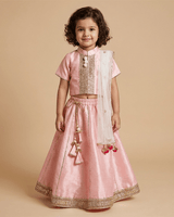 Baby Pink Raw Silk Top & Skirt Set for Girls with Golden Embroidery - BYB PREMIUM