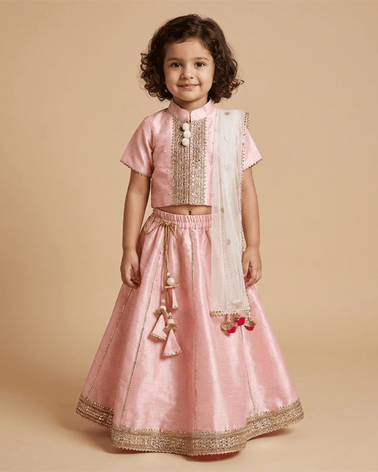 Baby Pink Raw Silk Top & Skirt Set for Girls with Golden Embroidery - BYB PREMIUM
