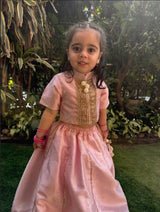 Baby Pink Raw Silk Top & Skirt Set for Girls with Golden Embroidery - BYB PREMIUM