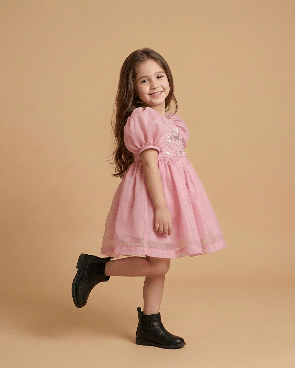 Baby Pink Tissue Girls Party Dress with Puff Sleeves & Floral Embroidery - BYB PREMIUM