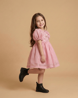 Baby Pink Tissue Girls Party Dress with Puff Sleeves & Floral Embroidery - BYB PREMIUM