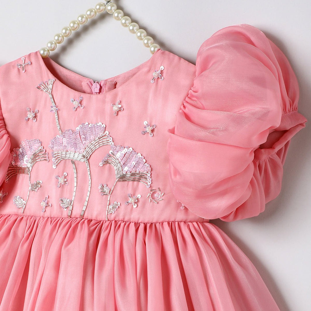 Baby Pink Tissue Girls Party Dress with Puff Sleeves & Floral Embroidery - BYB PREMIUM