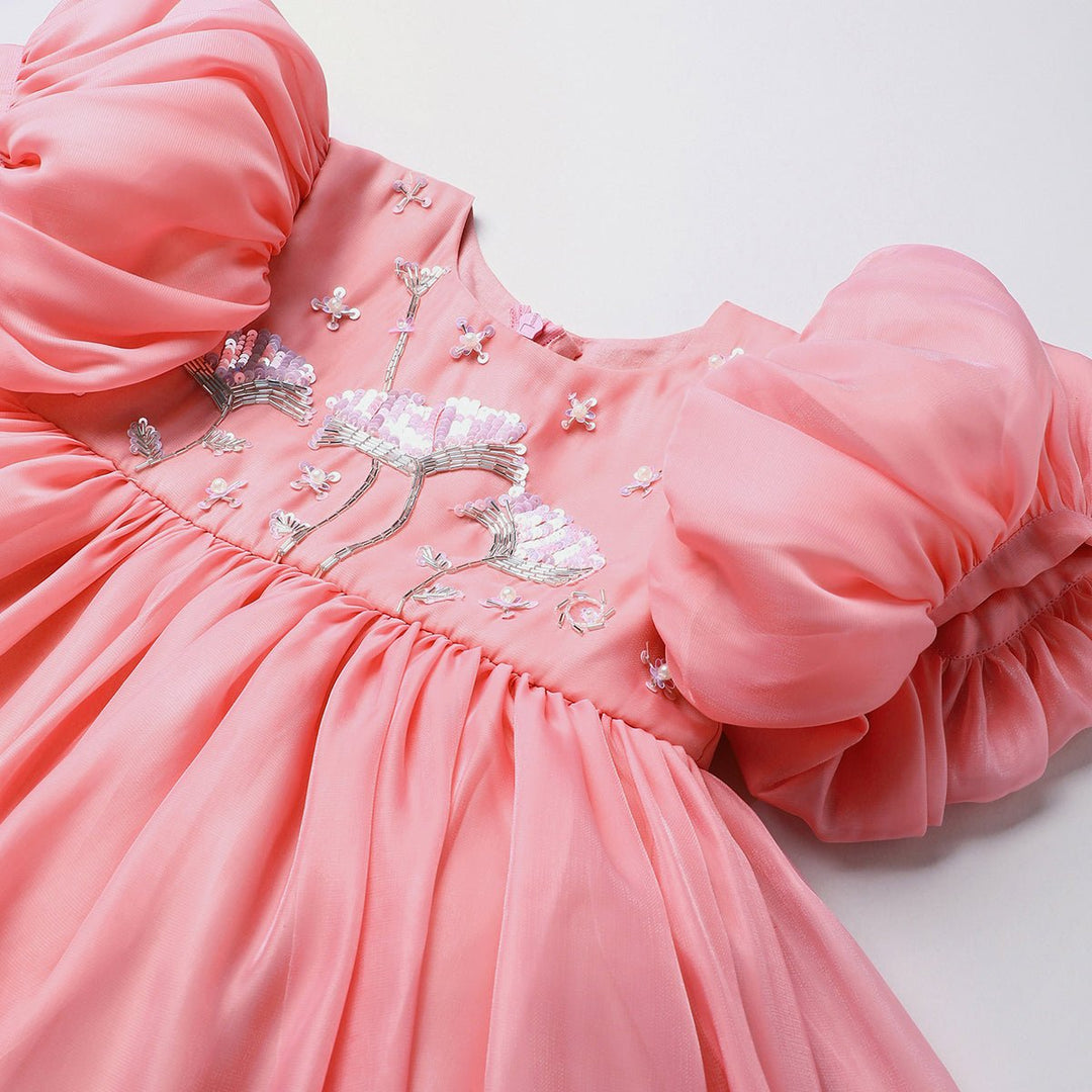 Baby Pink Tissue Girls Party Dress with Puff Sleeves & Floral Embroidery - BYB PREMIUM