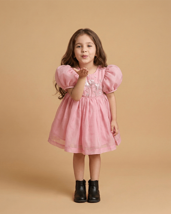 Baby Pink Tissue Girls Party Dress with Puff Sleeves & Floral Embroidery - BYB PREMIUM