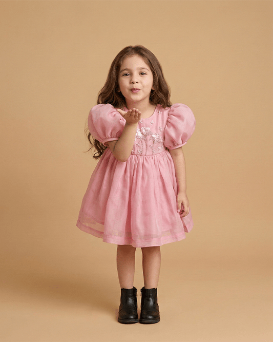 Baby Pink Tissue Girls Party Dress with Puff Sleeves & Floral Embroidery - BYB PREMIUM
