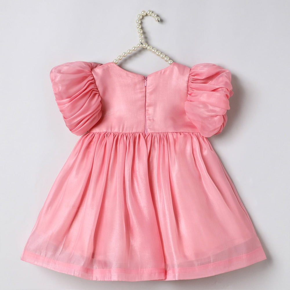 Baby Pink Tissue Girls Party Dress with Puff Sleeves & Floral Embroidery - BYB PREMIUM