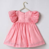 Baby Pink Tissue Girls Party Dress with Puff Sleeves & Floral Embroidery - BYB PREMIUM
