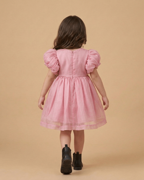 Baby Pink Tissue Girls Party Dress with Puff Sleeves & Floral Embroidery - BYB PREMIUM