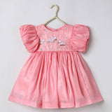 Baby Pink Tissue Girls Party Dress with Puff Sleeves & Floral Embroidery - BYB PREMIUM