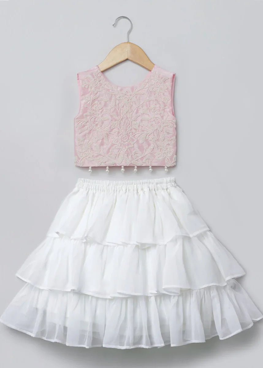 Baby pink & white embroidered top with tiered skirt set   byb premium