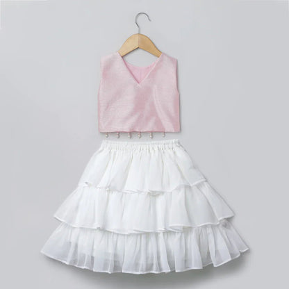 Baby Pink & White Embroidered Top with Tiered Skirt Set - BYB PREMIUM