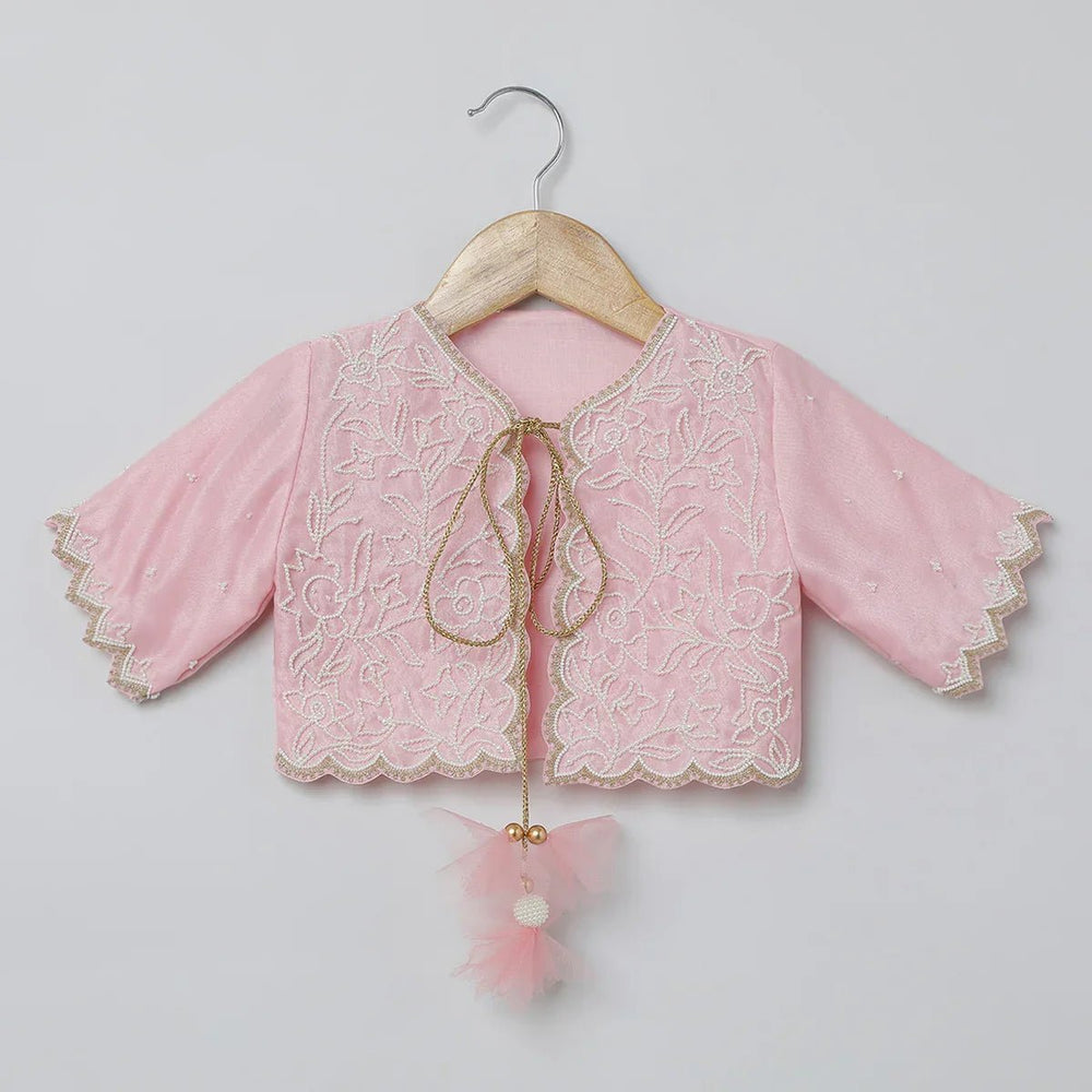 Baby Pink & White Raw Silk Dress with Embroidered Organza Jacket for Girls - BYB PREMIUM