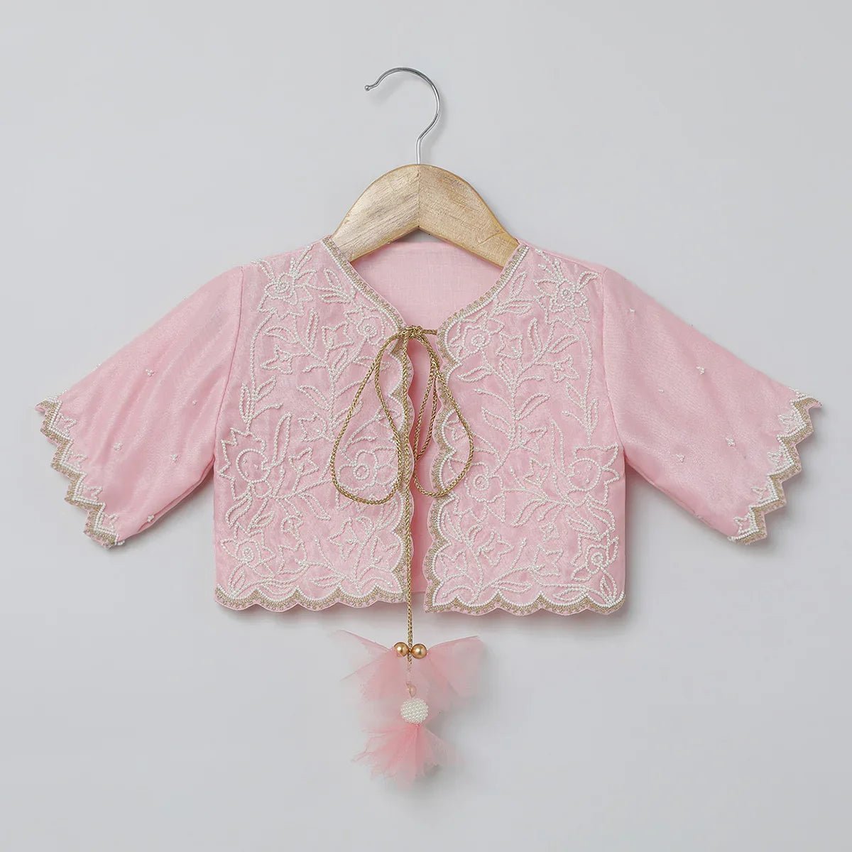 Baby pink & white raw silk dress with embroidered organza jacket for girls   byb premium