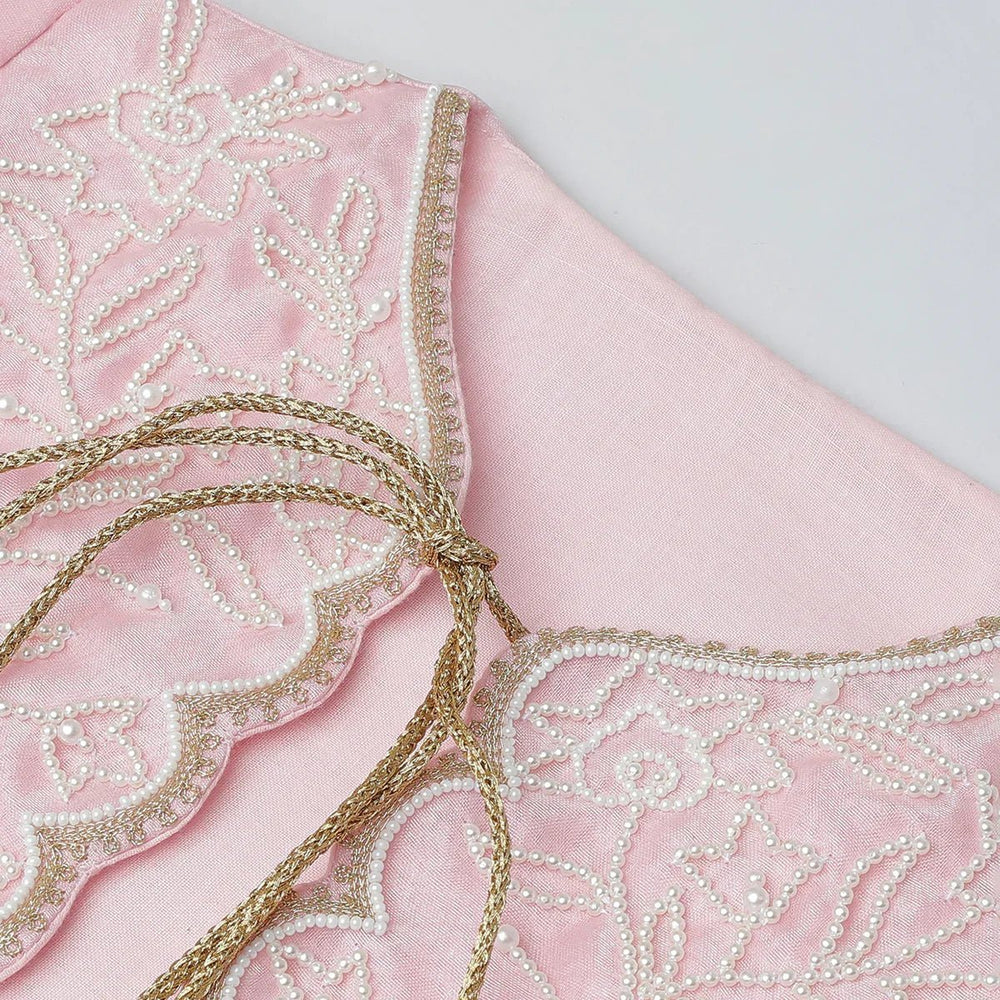 Baby Pink & White Raw Silk Dress with Embroidered Organza Jacket for Girls - BYB PREMIUM