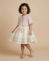 Baby Pink & White Raw Silk Dress with Embroidered Organza Jacket for Girls - BYB PREMIUM