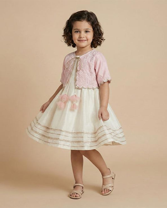 Baby Pink & White Raw Silk Dress with Embroidered Organza Jacket for Girls - BYB PREMIUM