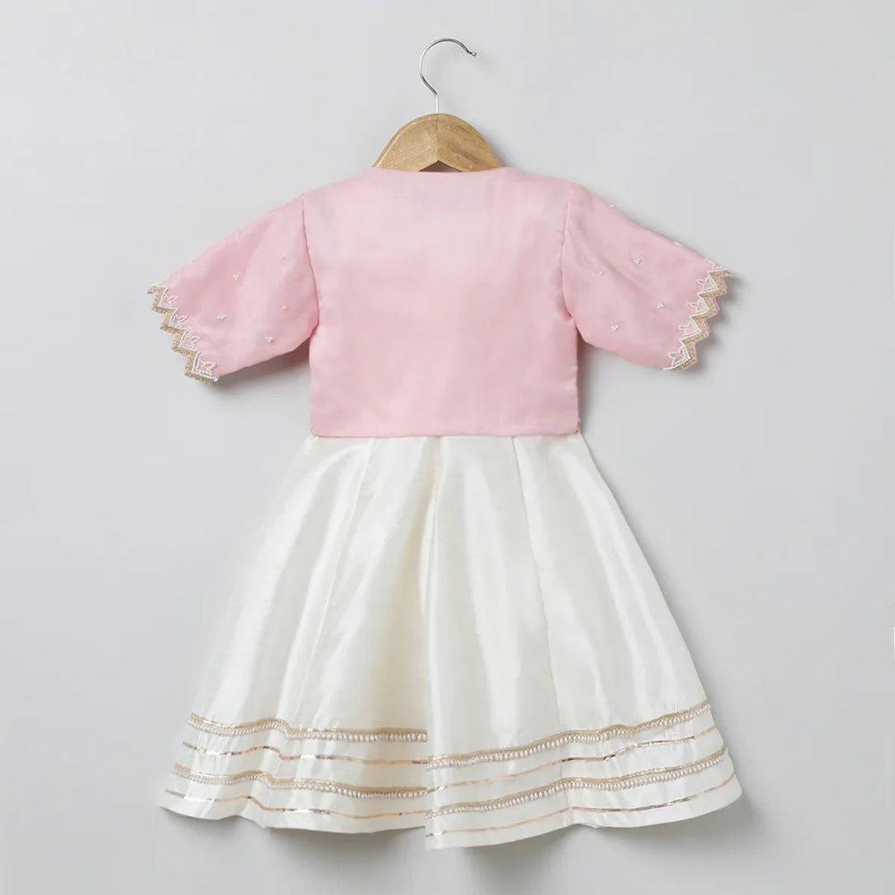 Baby Pink & White Raw Silk Dress with Embroidered Organza Jacket for Girls - BYB PREMIUM